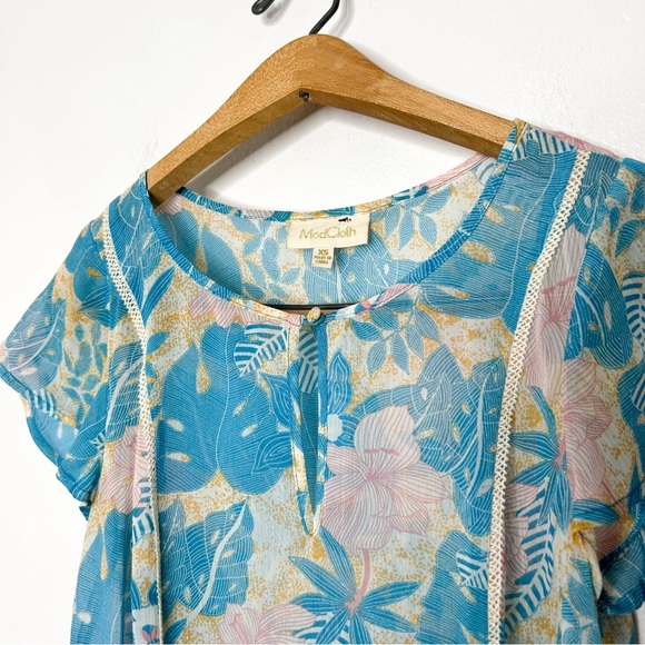 Modcloth Womens Colorful Tropical Floral Print Semi Sheer Short Sleeve Blouse XS - Picture 3 of 6